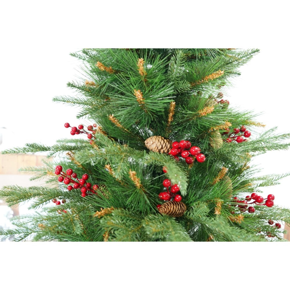 Brad Artificial de Crăciun, Decorat cu Conuri de Pin Roșii, 767 Ramuri, Suport Metalic Inclus, Interior și Exterior, Verde, Înălțime 210 cm, Diametru 142 cm