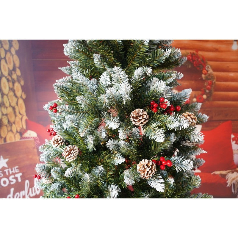Brad Artificial de Craciun Sectionat pentru Perete, Spate Plat pentru Economisire Spatiu, PVC si Metal, Decorat cu Vasc si Conuri, Verde, Inaltime 2.10 m, Diametru 106 cm