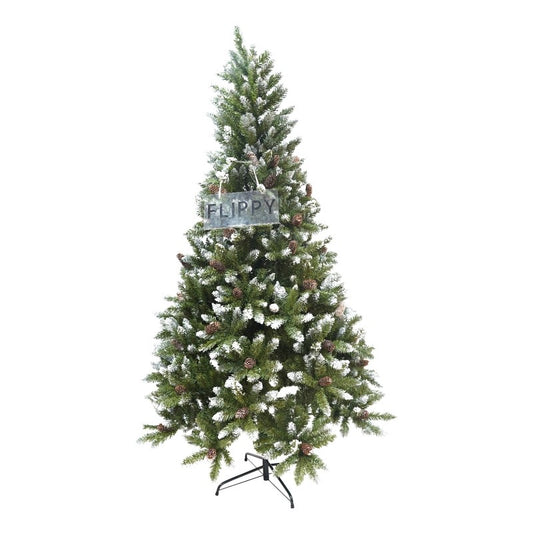 Brad Artificial de Craciun, Aspect Bogat cu Varfuri Ninse, Structura Metalica Rezistenta, Interior si Exterior, 1266 Ramuri, Inaltime 2.10 m, Verde cu Alb