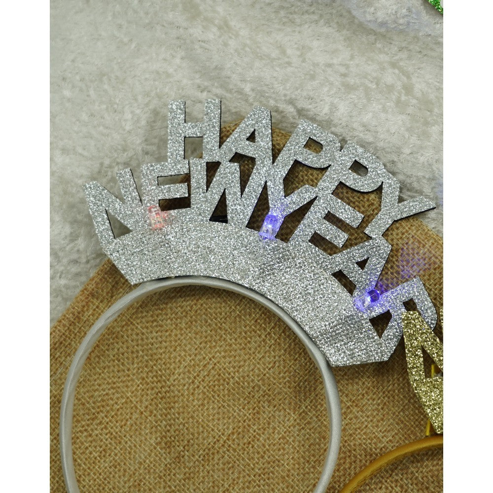 Bentita Cerc de Par Happy New Year, Accesoriu Party Revelion, Plastic cu Efect Metalizat, Gri, Marime Universala
