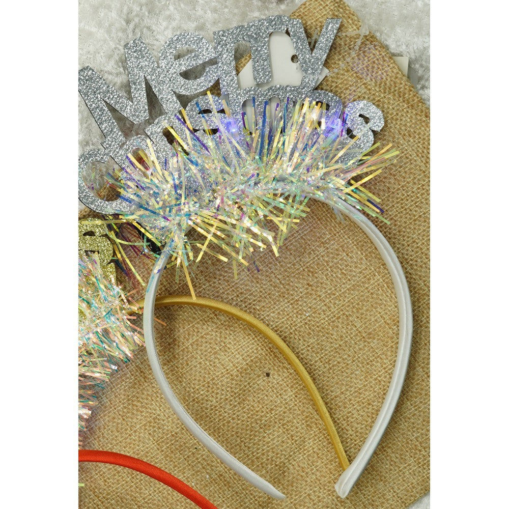 Bentita De Craciun Merry Christmas, Cerc Din Metal Cu Beteala Si Stelute, Accesoriu De Petrecere, Gri Metalic, Marime Universala