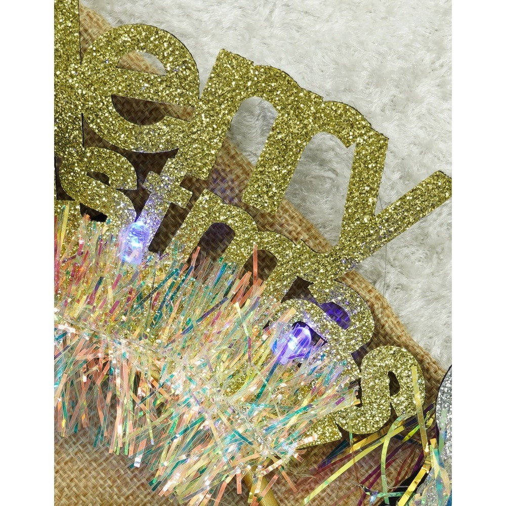 Bentita Craciun Merry Christmas, Cerc Par Decorativ cu Beteala, Accesorii Petrecere, Plastic si Textil, Auriu, Marime Universala