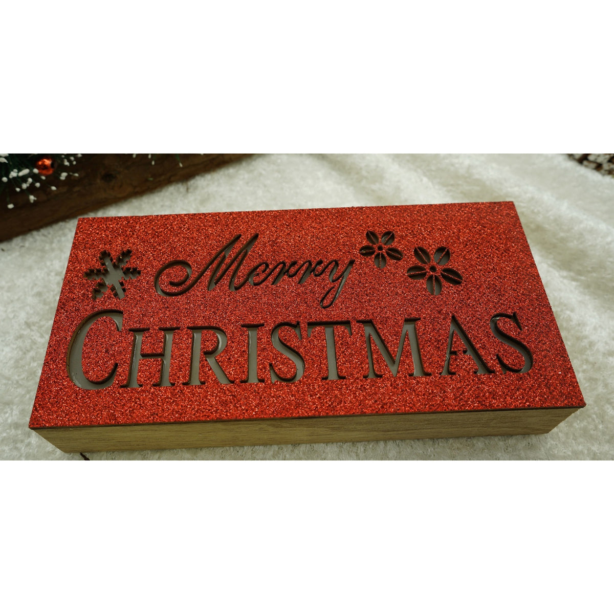Decoratiune Luminoasa Craciun, Mesaj Merry Christmas, Lemn, Interior si Exterior, Rosu, 19 x 9 x 4 cm
