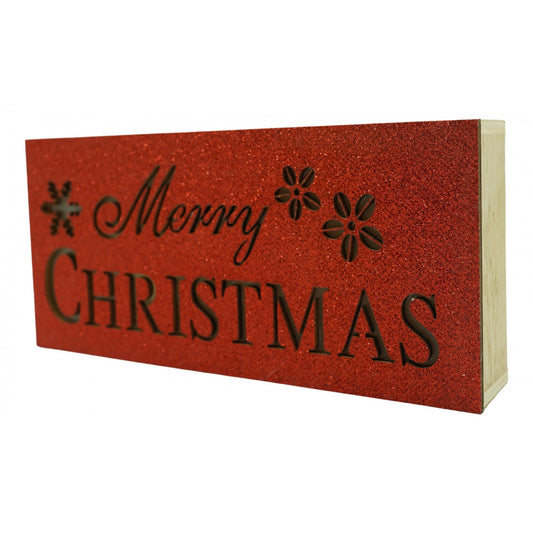Decoratiune Luminoasa Craciun, Mesaj Merry Christmas, Lemn, Interior si Exterior, Rosu, 19 x 9 x 4 cm
