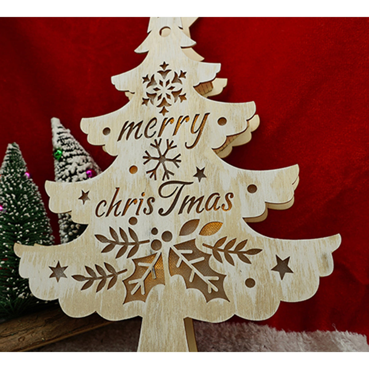 Decoratiune Luminoasa in Forma de Brad, Inscriptie Merry Christmas, Lemn, Alb, 11 x 5 x 30 cm