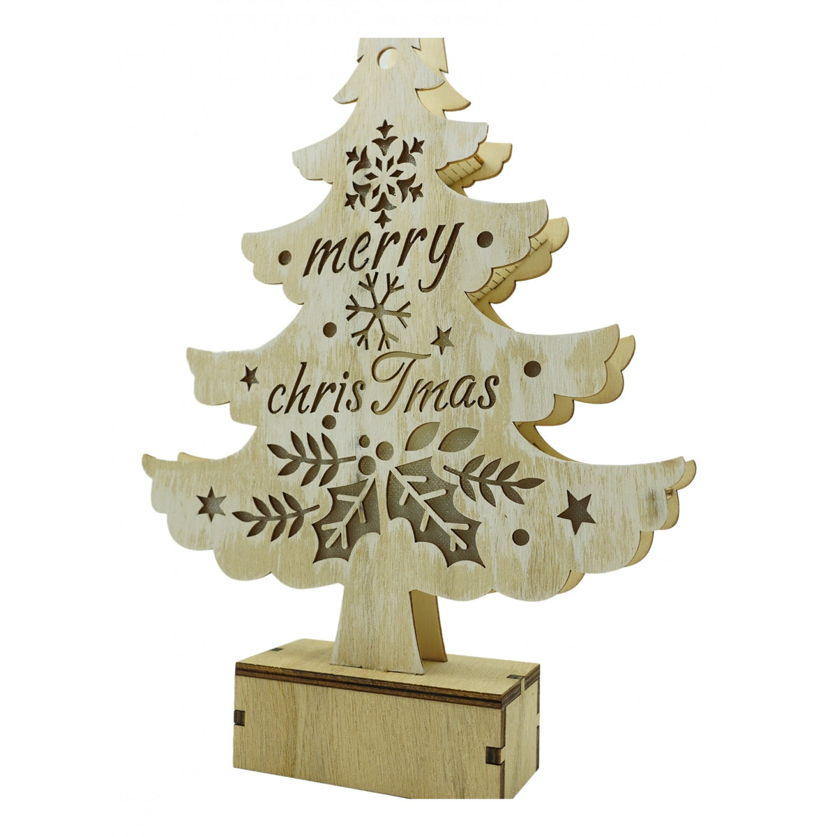 Decoratiune Luminoasa in Forma de Brad, Inscriptie Merry Christmas, Lemn, Alb, 11 x 5 x 30 cm