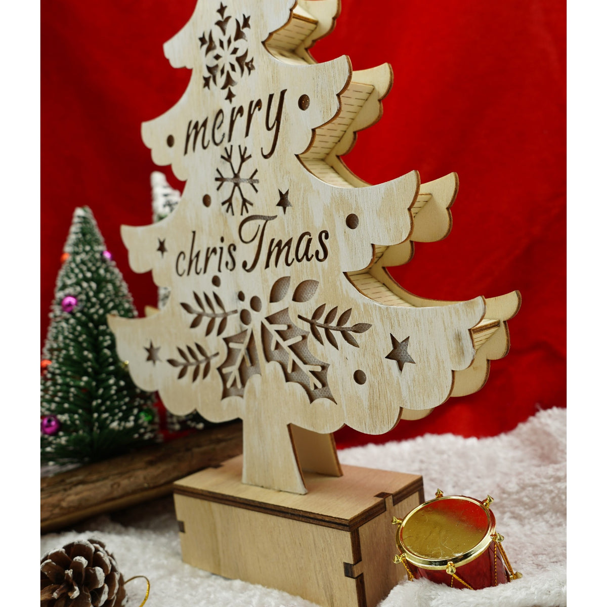Decoratiune Luminoasa in Forma de Brad, Inscriptie Merry Christmas, Lemn, Alb, 11 x 5 x 30 cm
