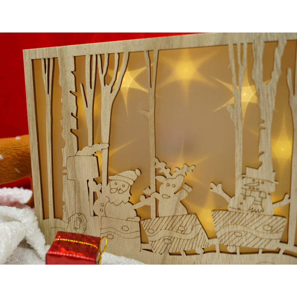 Decoratiune Luminoasa de Craciun, Peisaj de Iarna cu Mos Craciun, Lemn Natural, 21 x 5 x 16 cm, Maro