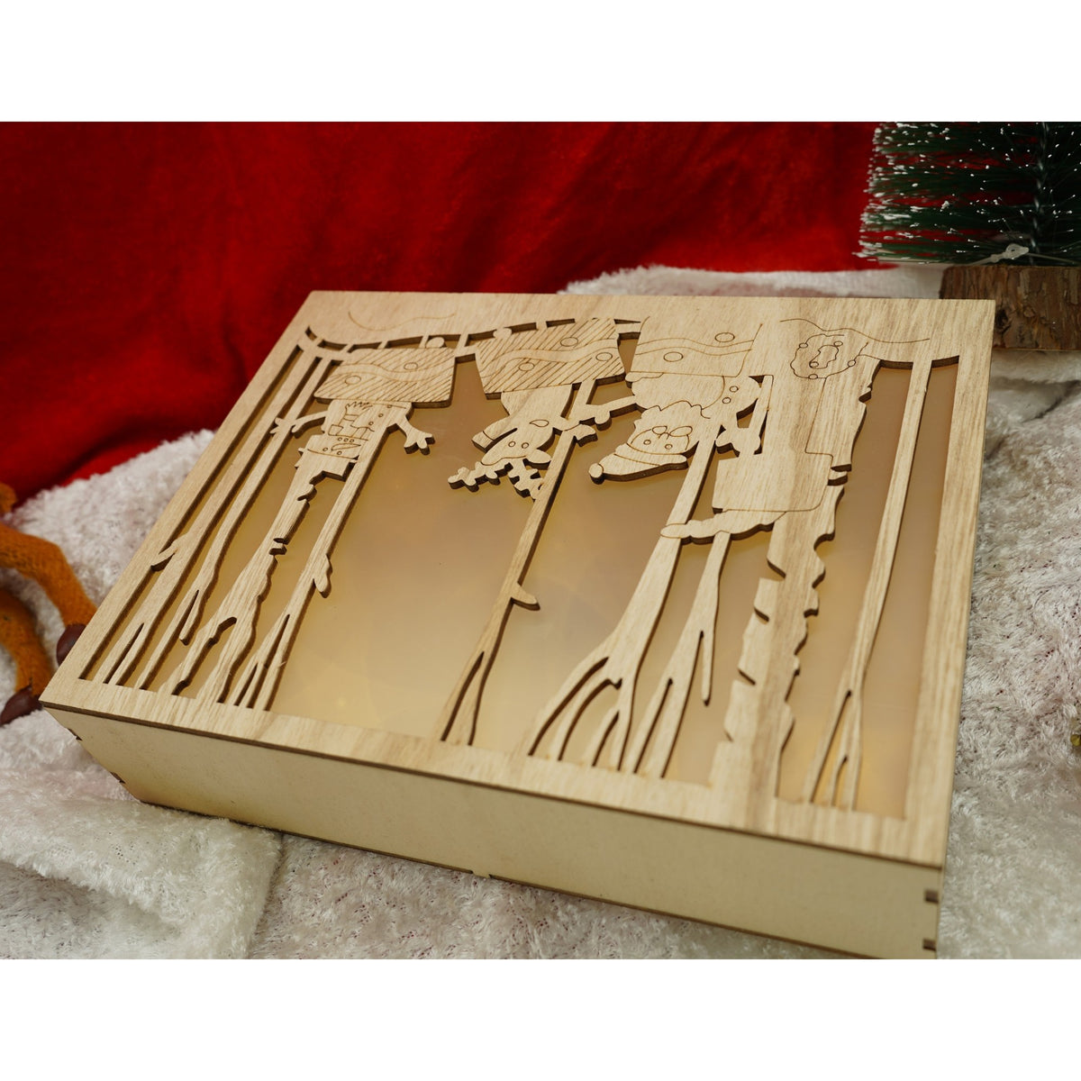 Decoratiune Luminoasa de Craciun, Peisaj de Iarna cu Mos Craciun, Lemn Natural, 21 x 5 x 16 cm, Maro