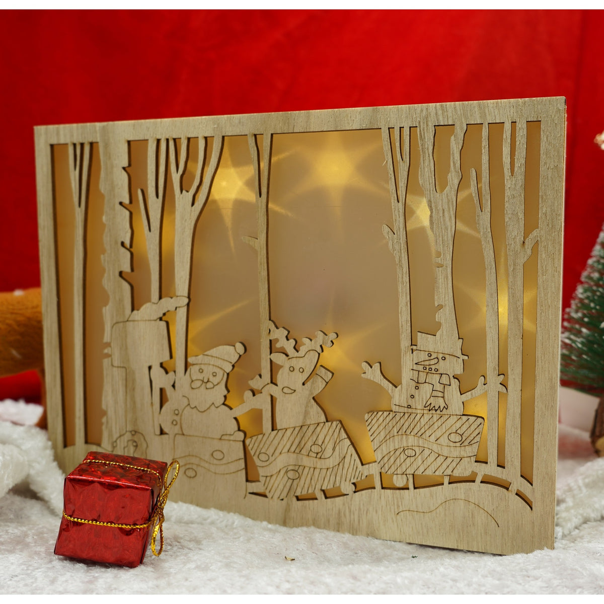 Decoratiune Luminoasa de Craciun, Peisaj de Iarna cu Mos Craciun, Lemn Natural, 21 x 5 x 16 cm, Maro