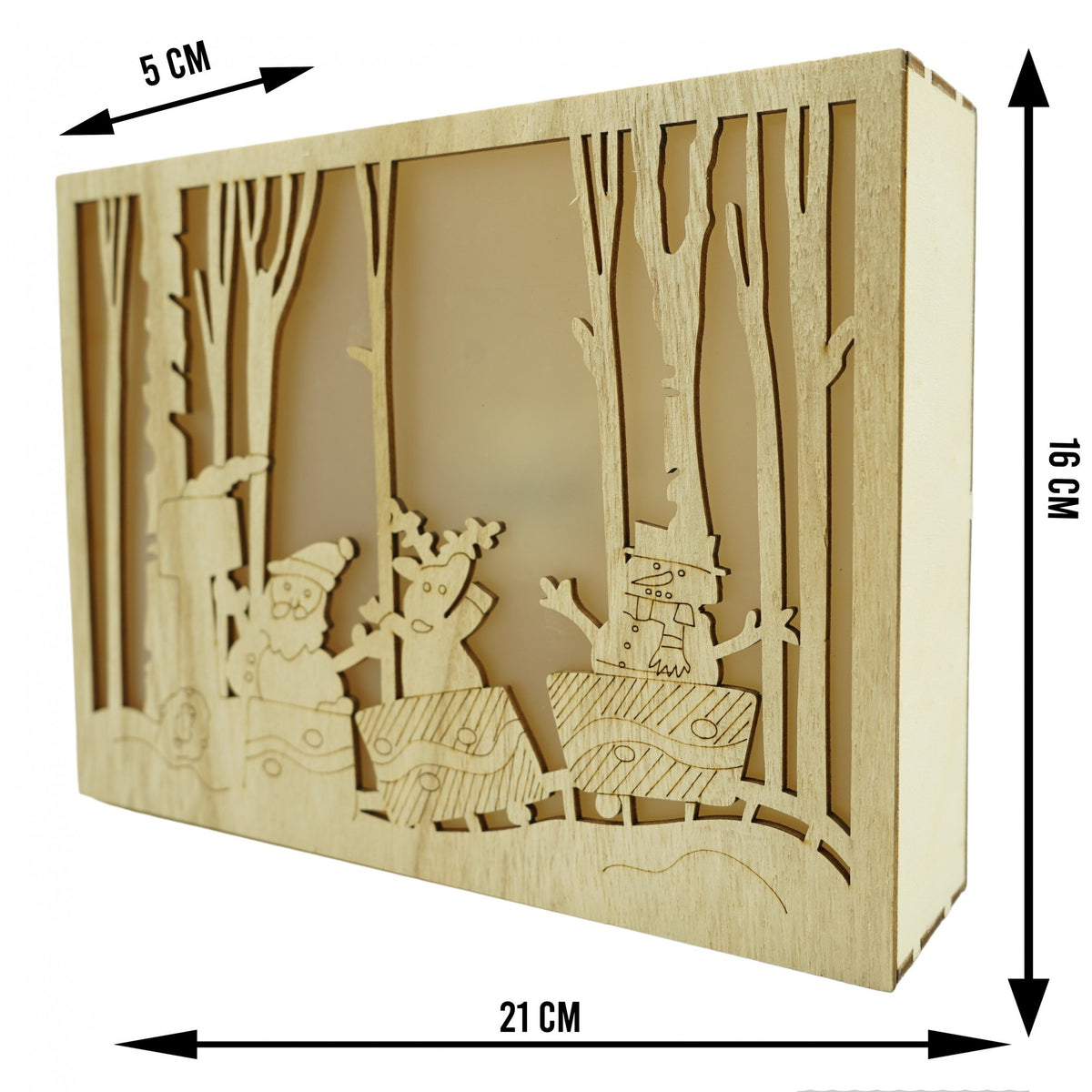 Decoratiune Luminoasa de Craciun, Peisaj de Iarna cu Mos Craciun, Lemn Natural, 21 x 5 x 16 cm, Maro