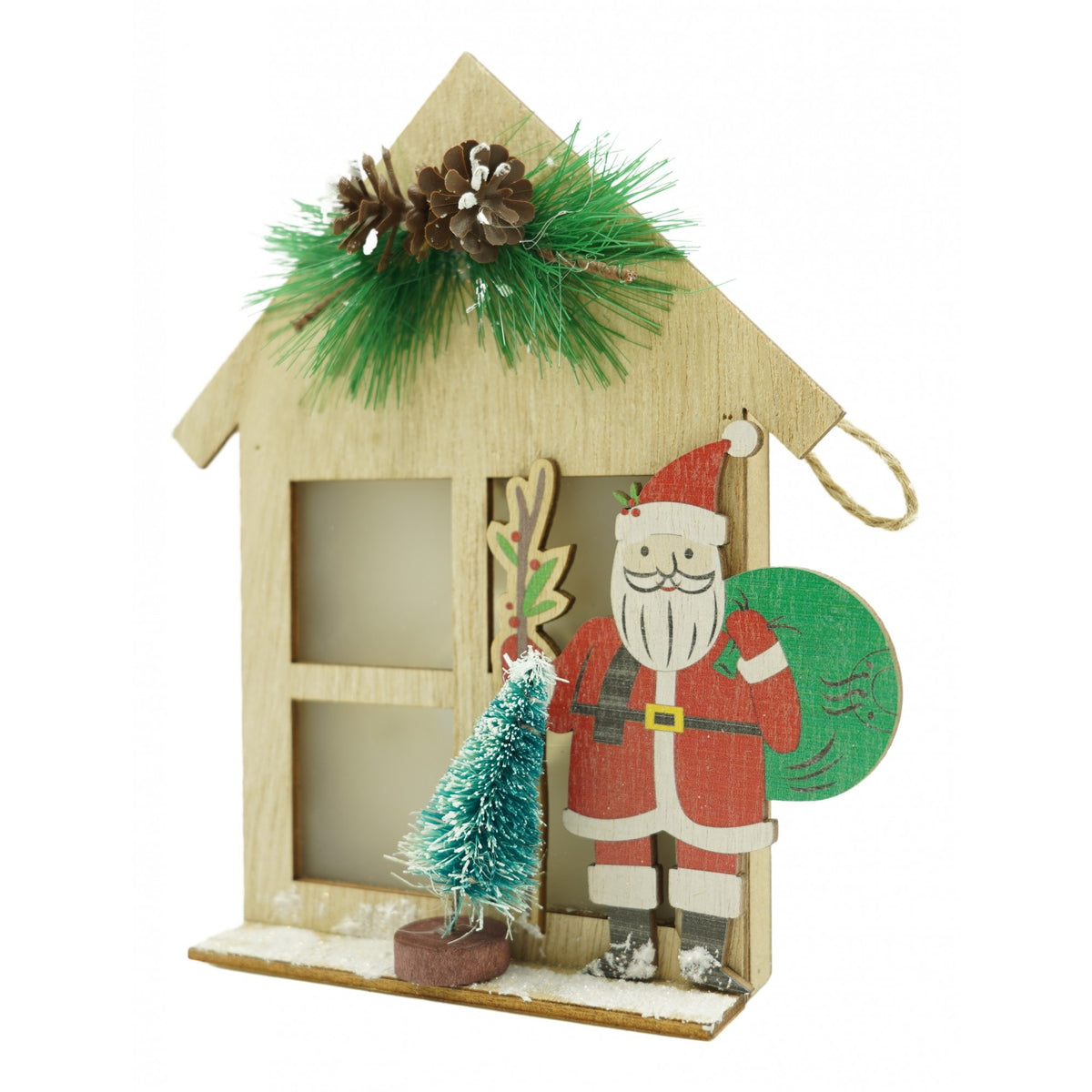 Decoratiune Luminoasa Mos Craciun, Figurina Craciun din Lemn, Ornament de Masa sau Fereastra, Utilizare Interior si Exterior, Maro, 13 x 5 x 17 cm