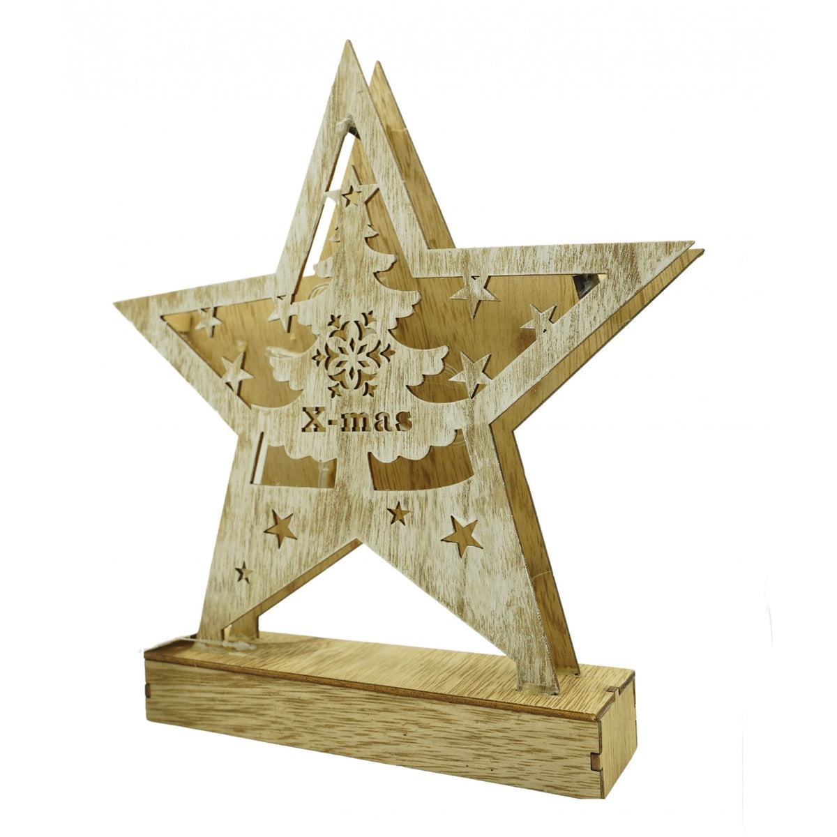 Decoratiune Luminoasa de Craciun, Model Stea cu Brad si Inscriptie Merry Christmas, Lemn Natur, Lumina Alba Calda, 19 x 5 x 26 cm