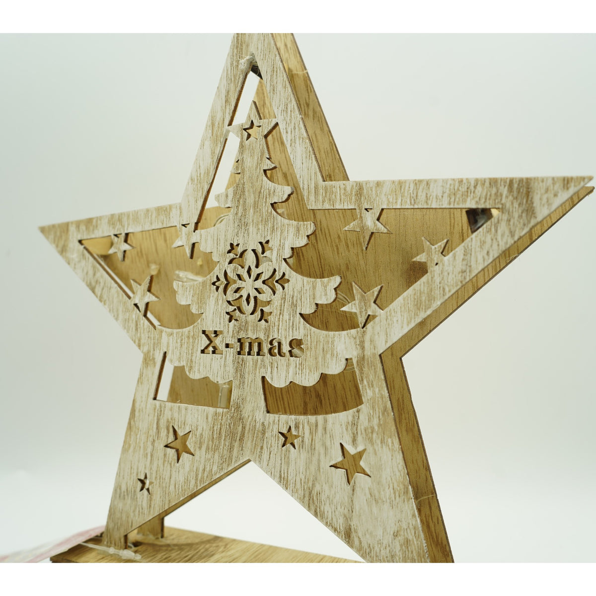 Decoratiune Luminoasa de Craciun, Model Stea cu Brad si Inscriptie Merry Christmas, Lemn Natur, Lumina Alba Calda, 19 x 5 x 26 cm