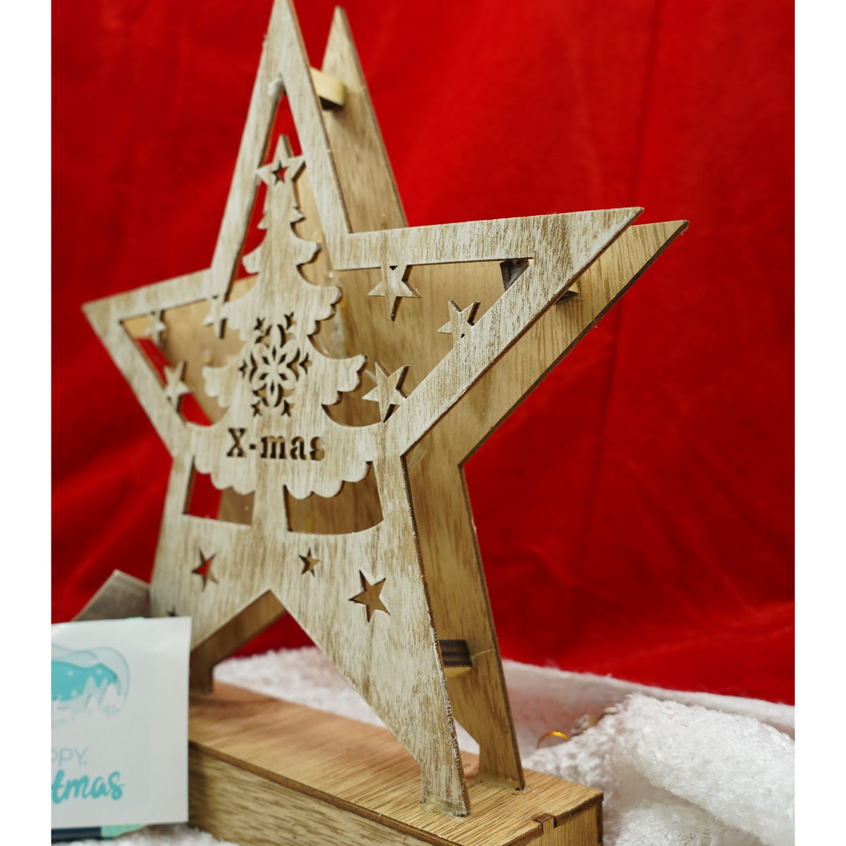 Decoratiune Luminoasa de Craciun, Model Stea cu Brad si Inscriptie Merry Christmas, Lemn Natur, Lumina Alba Calda, 19 x 5 x 26 cm