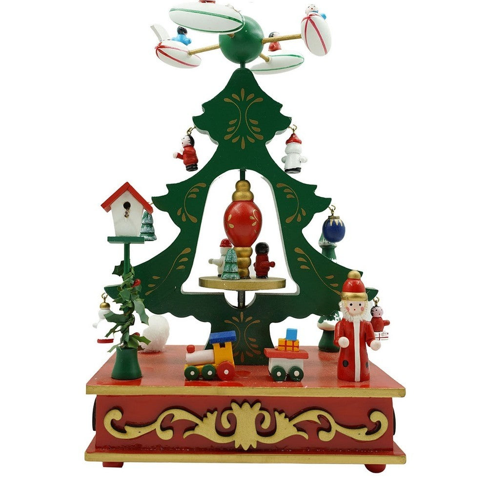 Cutiuta Muzicala de Craciun in Forma de Brad, Mecanism Rotativ, Decoratiune Festiva de Interior, Lemn, Verde, 17 x 27 cm