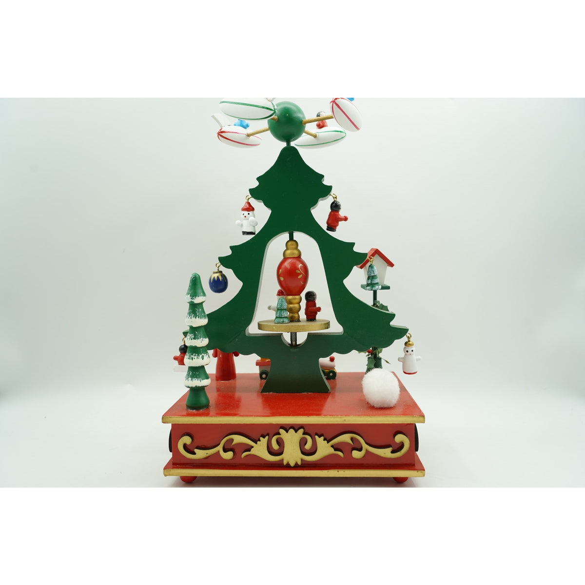 Cutiuta Muzicala de Craciun in Forma de Brad, Mecanism Rotativ, Decoratiune Festiva de Interior, Lemn, Verde, 17 x 27 cm
