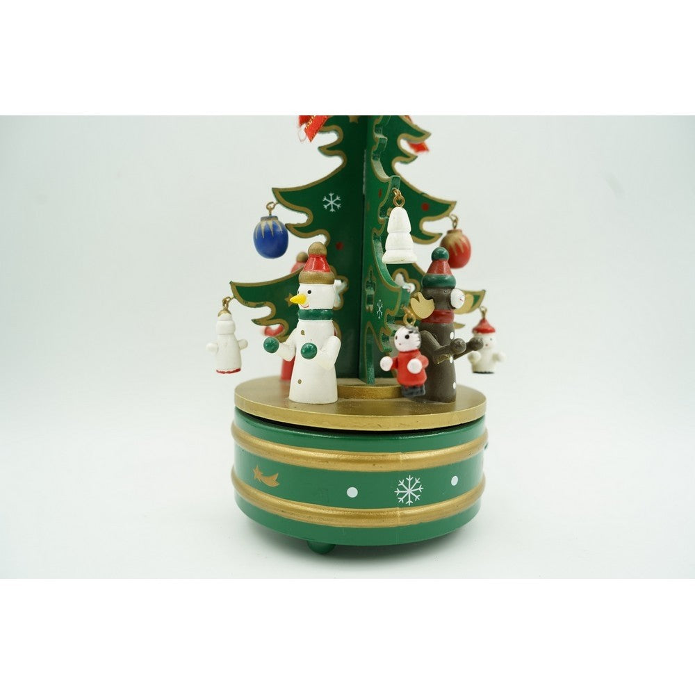 Cutiuta Muzicala de Craciun in Forma de Bradut, Mecanism Rotativ Manual, Decoratiune Festiva Interior, Lemn, Verde, 12 cm x 22 cm