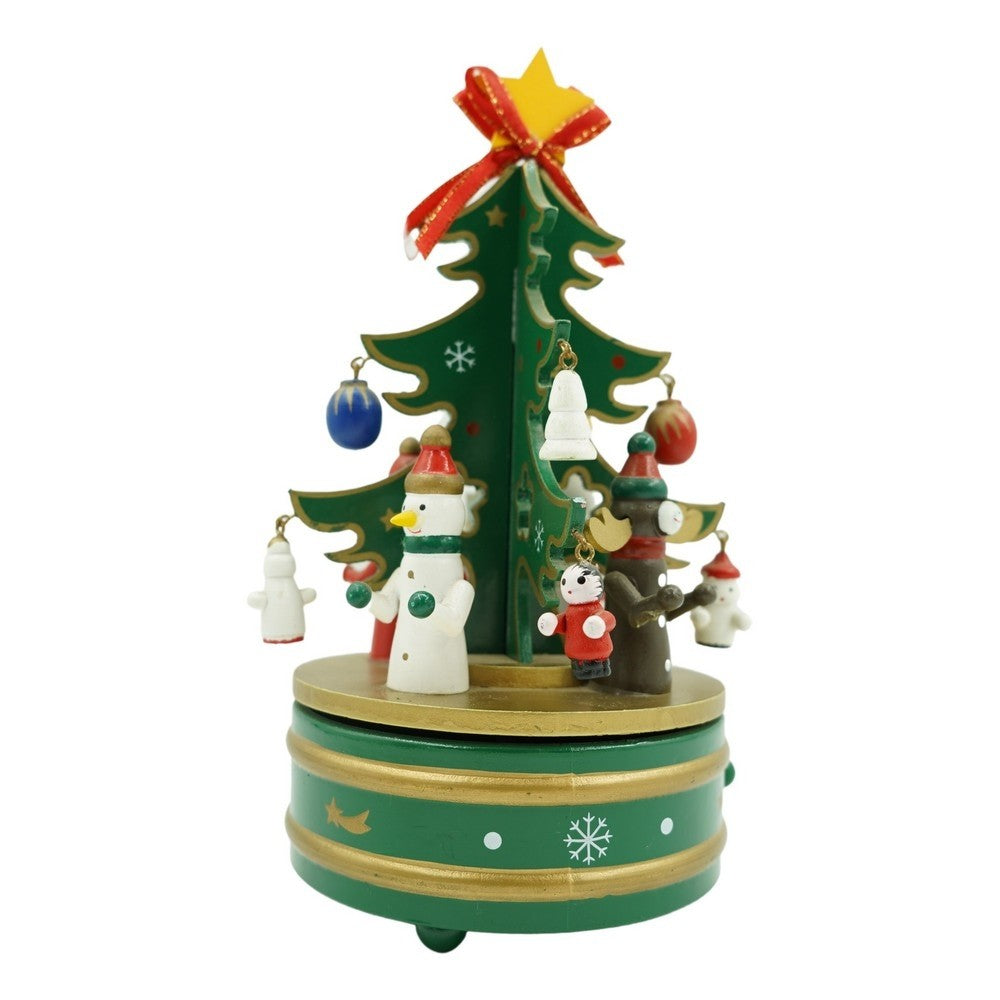 Cutiuta Muzicala de Craciun in Forma de Bradut, Mecanism Rotativ Manual, Decoratiune Festiva Interior, Lemn, Verde, 12 cm x 22 cm