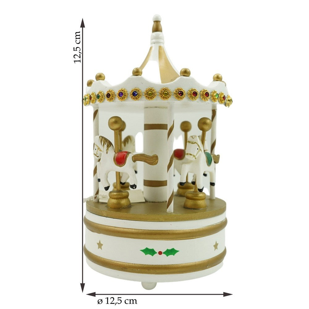Căruț Muzical de Crăciun cu Carusel Rotativ, Ornament Festiv de Interior, Lemn, Alb