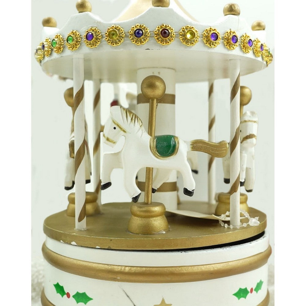 Căruț Muzical de Crăciun cu Carusel Rotativ, Ornament Festiv de Interior, Lemn, Alb