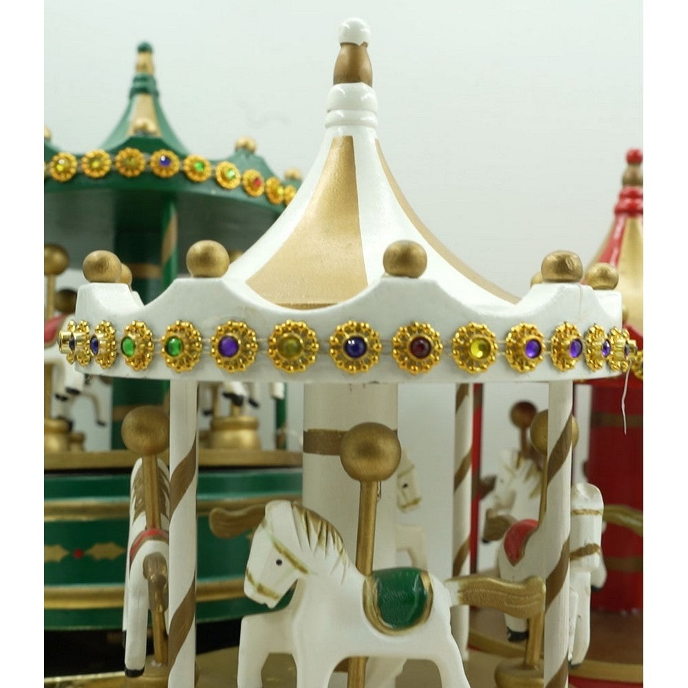 Căruț Muzical de Crăciun cu Carusel Rotativ, Ornament Festiv de Interior, Lemn, Alb