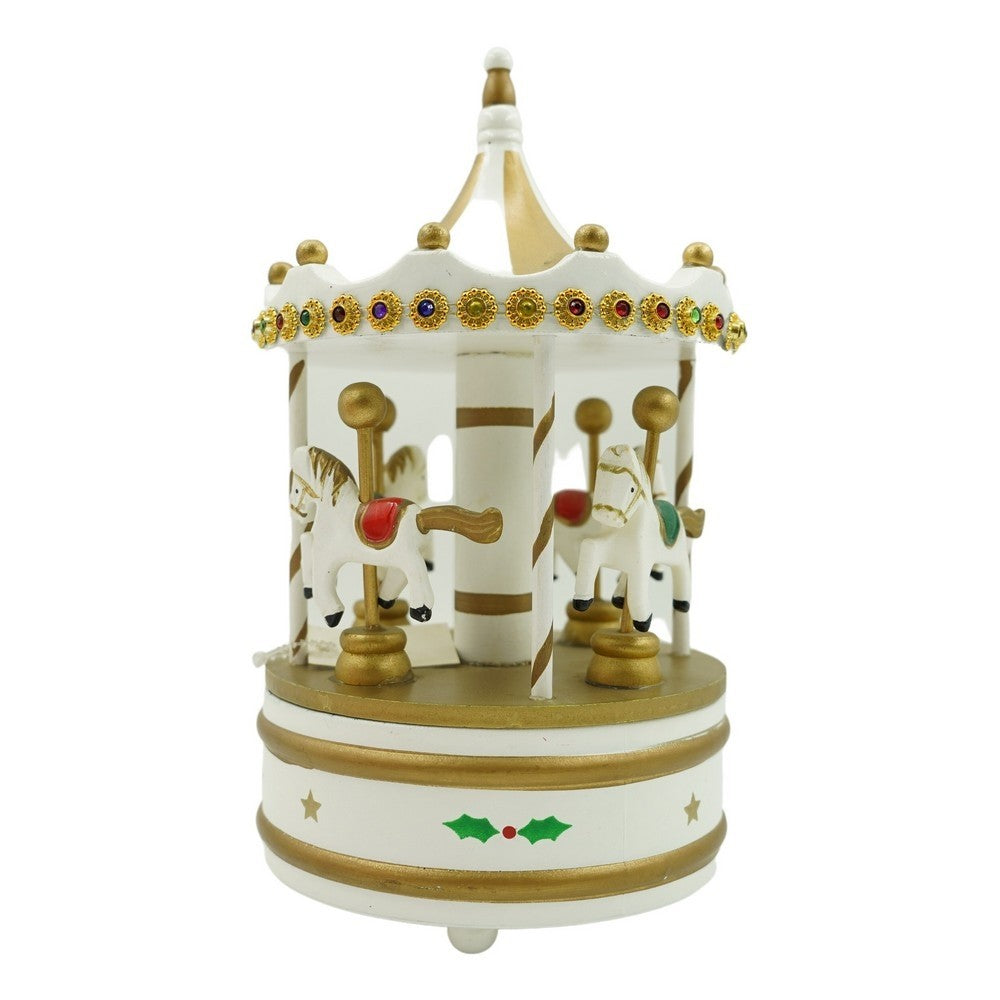 Căruț Muzical de Crăciun cu Carusel Rotativ, Ornament Festiv de Interior, Lemn, Alb