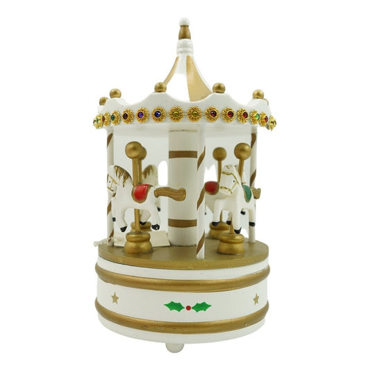 Căruț Muzical de Crăciun cu Carusel Rotativ, Ornament Festiv de Interior, Lemn, Alb