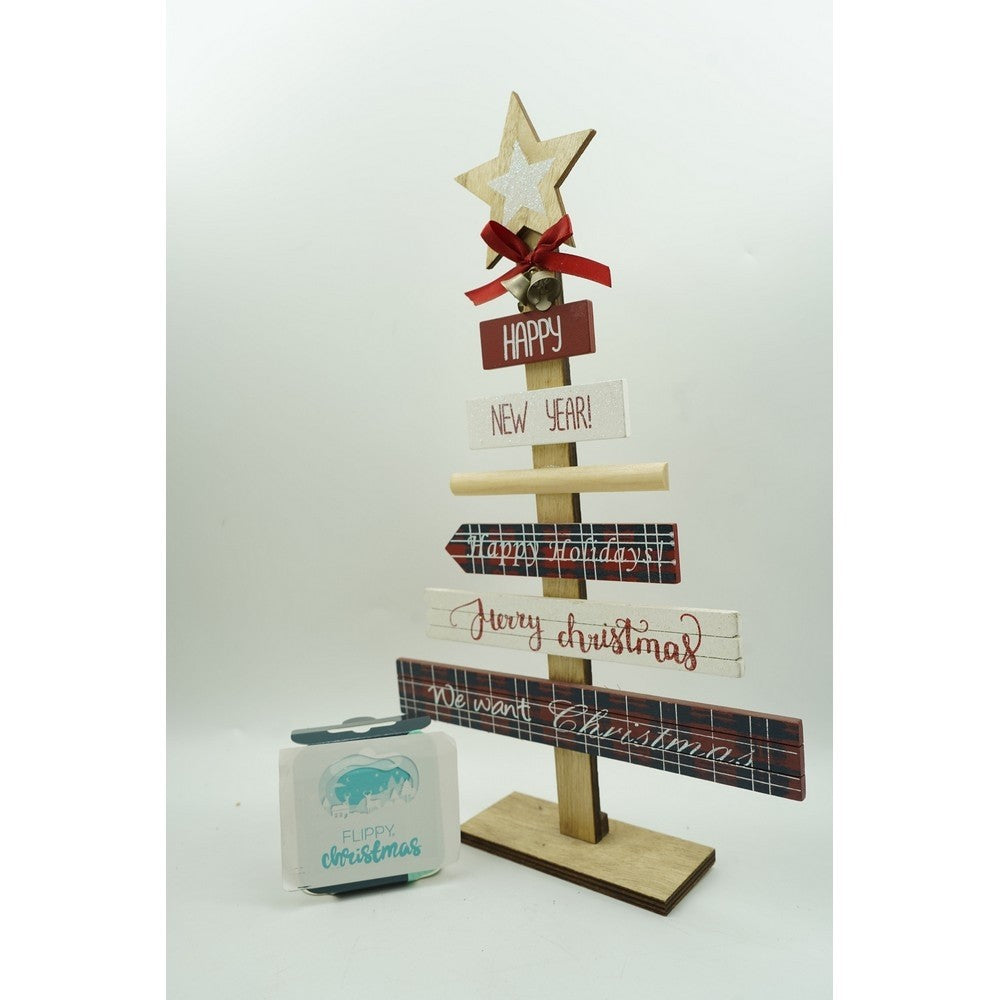 Decoratiune Masa Craciun cu Mesaje Festive, Lemn Natural, Multicolor, 22.5 cm x 36 cm