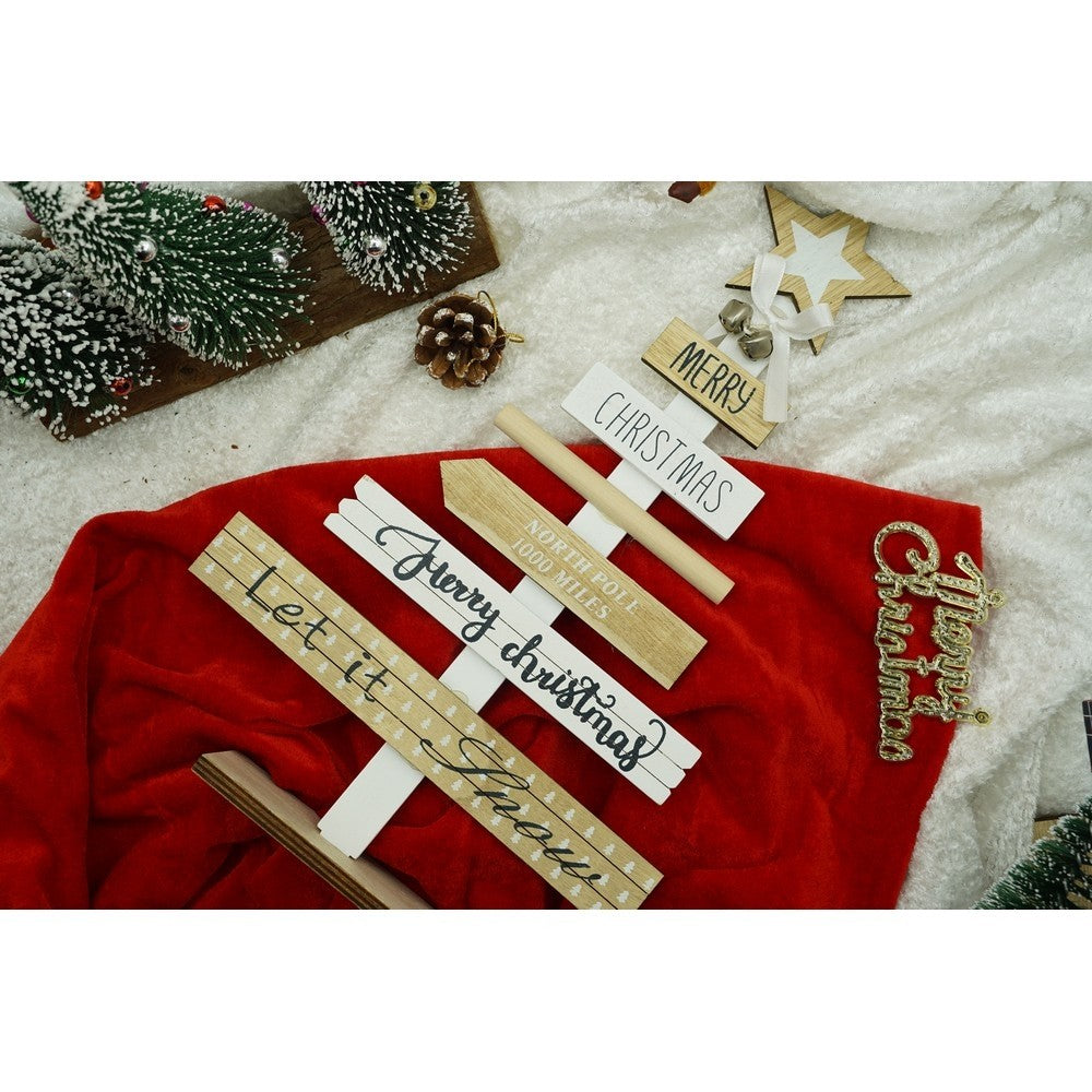 Decoratiune Masa Craciun cu Mesaje Festive, Suport Vertical din Lemn, Ornament Interior, Crem-Alb, 22.5 x 36 cm