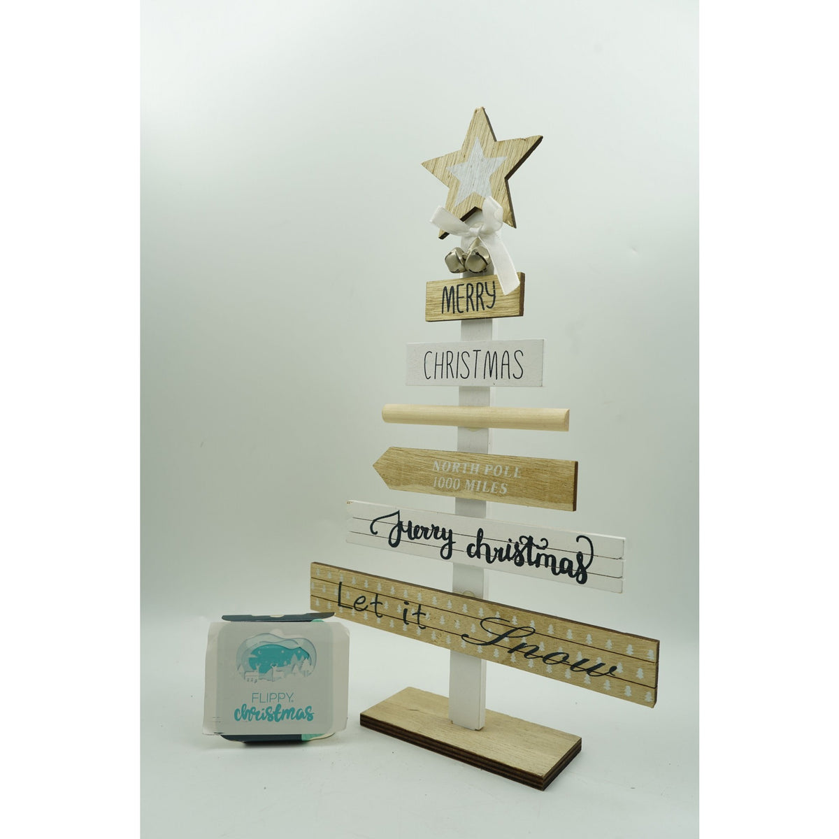 Decoratiune Masa Craciun cu Mesaje Festive, Suport Vertical din Lemn, Ornament Interior, Crem-Alb, 22.5 x 36 cm