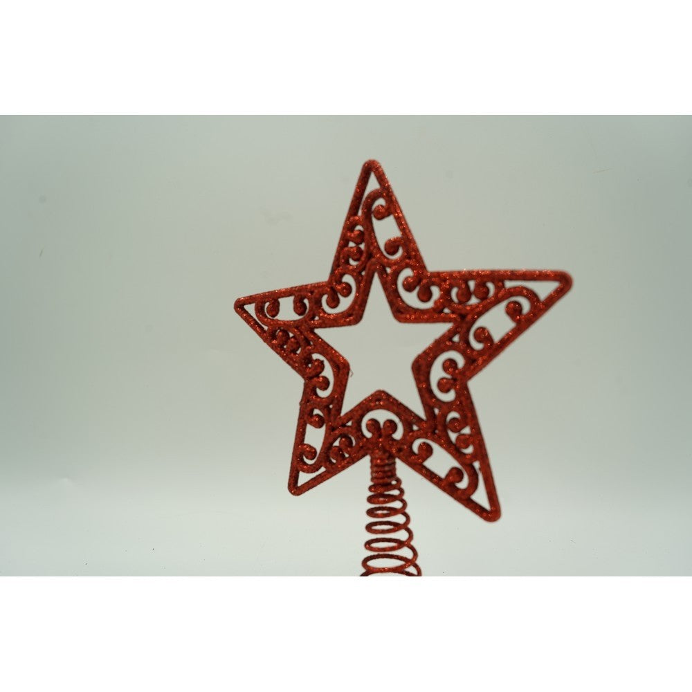 Varf de Brad in Forma de Stea, Decoratiune Craciun Decupata, Plastic si Metal, Rosu, 14 cm x 19 cm, Uz Interior si Exterior