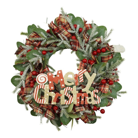 Coronita de Craciun pentru Usa, Brad Artificial Decorat cu Flori si Globuri, Iluminare LED, PVC Rezistent, Multicolor, 40 cm