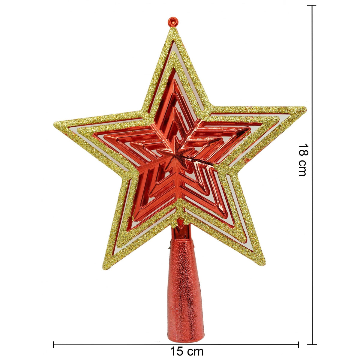 Varf de Brad in Forma de Stea, Decoratiune Craciun cu Model Stele, Plastic Rezistent, Interior si Exterior, Rosu si Auriu, 15 cm x 18 cm