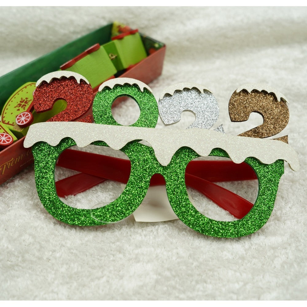 Ochelari de Petrecere pentru Revelion 2022, Accesorii Festive de Anul Nou, Rama din Plastic cu Decoratiuni din Poliester, Verde