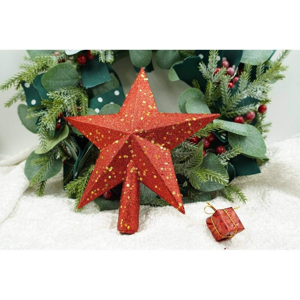 Varf Decorativ Pentru Brad de Craciun, Model Stea Cu Paiete Stralucitoare, Plastic Rezistent, Utilizare Interior si Exterior, Rosu, 18 x 20 cm