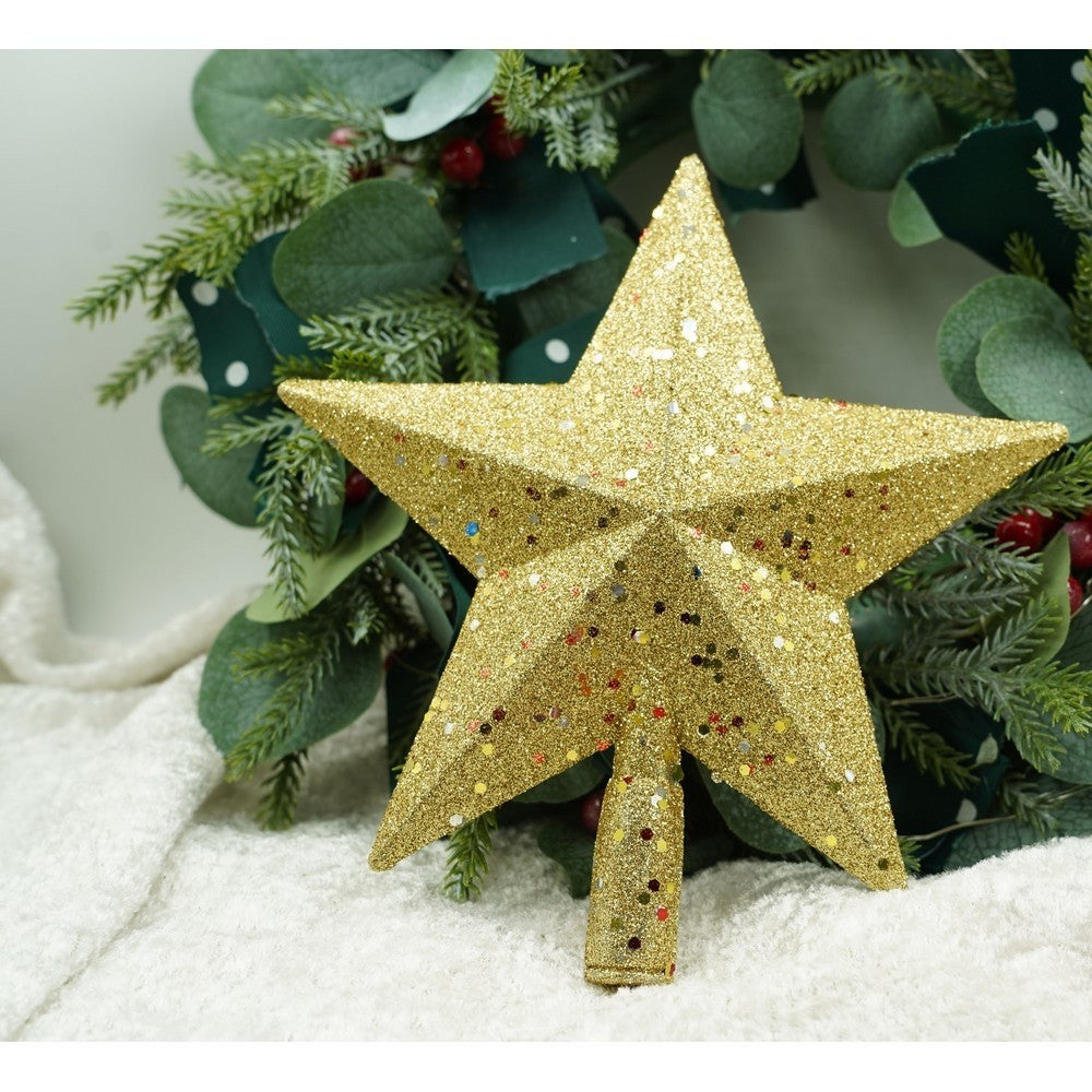 Varf de Brad in Forma de Stea cu Paiete Stralucitoare, Ornament Decorativ de Craciun, Plastic, Auriu, 18 x 20 cm