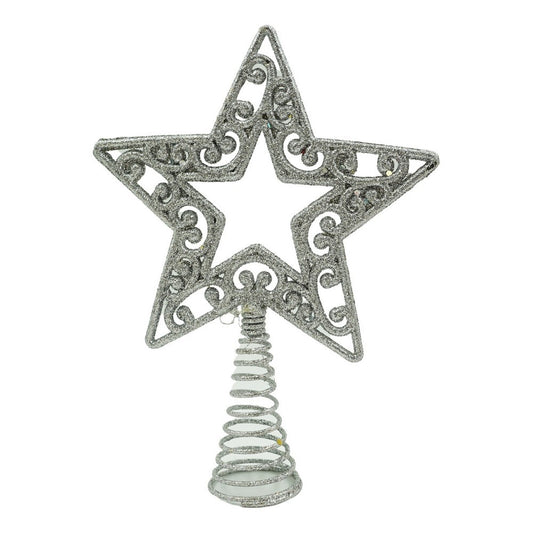 Varf de Brad in Forma de Stea, Decoratiune de Craciun cu Decupaj Central, Plastic si Metal, Argintiu, 14 x 19 cm