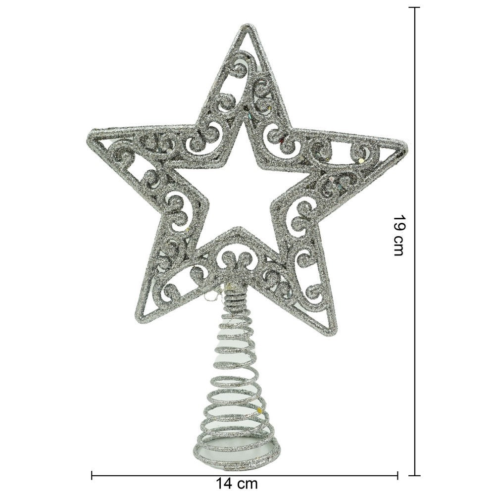 Varf de Brad in Forma de Stea, Decoratiune de Craciun cu Decupaj Central, Plastic si Metal, Argintiu, 14 x 19 cm