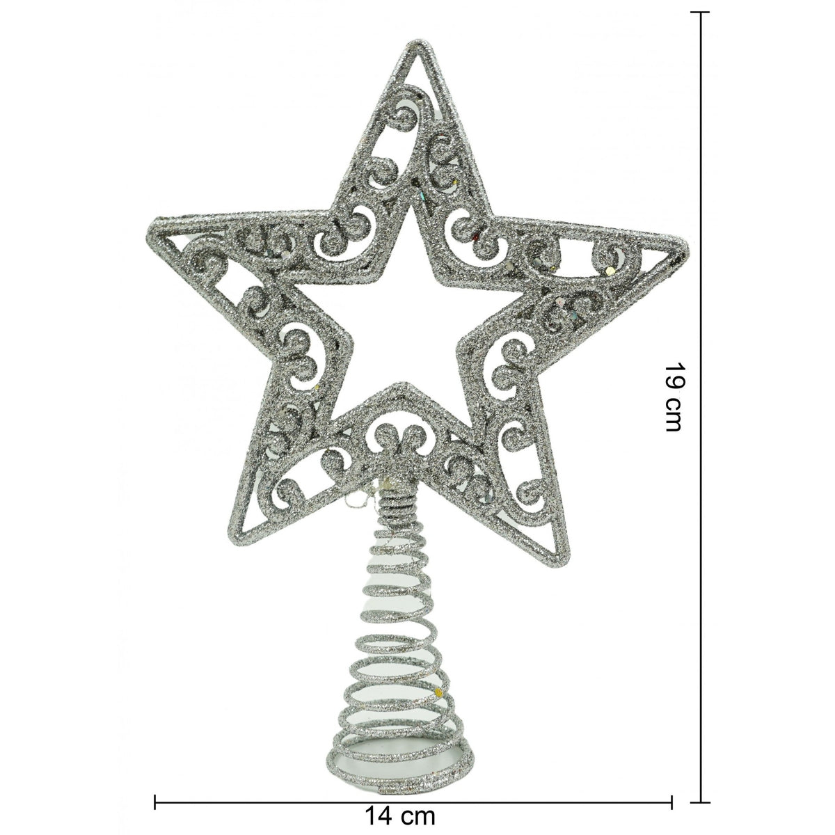 Varf de Brad in Forma de Stea, Decoratiune de Craciun cu Decupaj Central, Plastic si Metal, Argintiu, 14 x 19 cm
