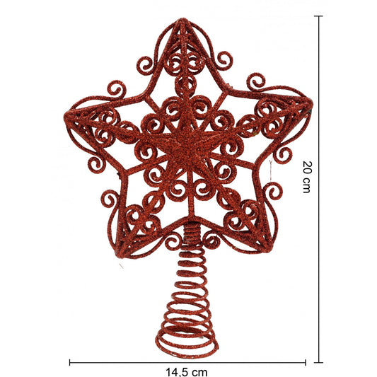 Vârf de Brad în Formă de Stea, Design Forjat pentru Decor Crăciun, Plastic și Metal, Roșu, 14.5 x 20 cm