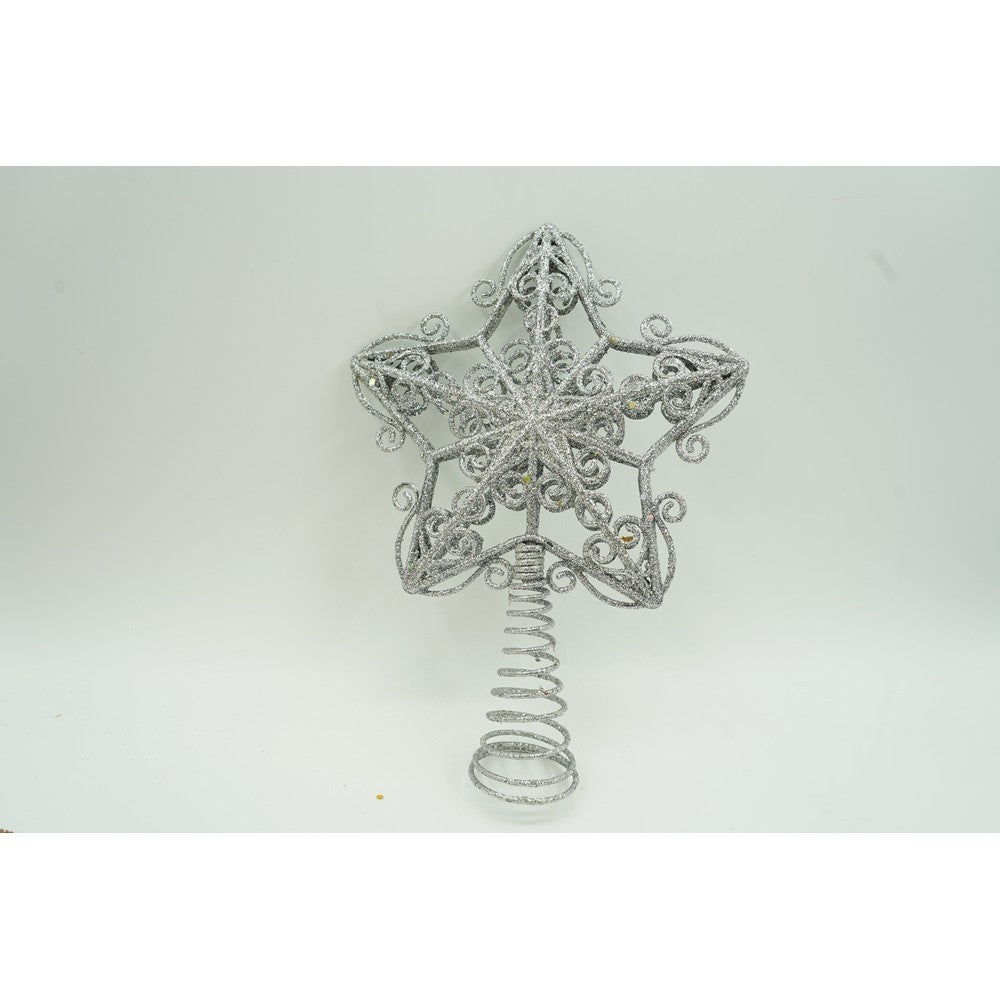 Vârf de Brad în Formă de Stea, Design Forjat pentru Crăciun, Decorat cu Sclipici, Plastic și Metal, Argintiu, 14.5 x 20 cm