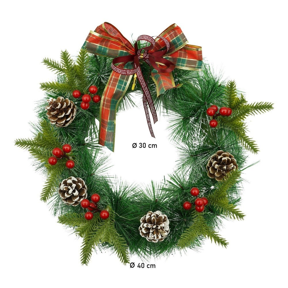 Coronita de Craciun pentru Usa, Brad Artificial Decorat cu Flori si Globuri, Rama PVC Rezistenta, Interior si Exterior, Rosu si Verde, 40 cm