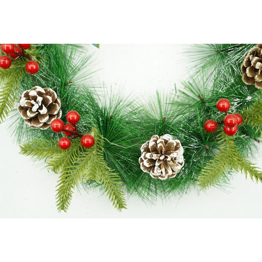 Coronita de Craciun pentru Usa, Brad Artificial Decorat cu Flori si Globuri, Rama PVC Rezistenta, Interior si Exterior, Rosu si Verde, 40 cm