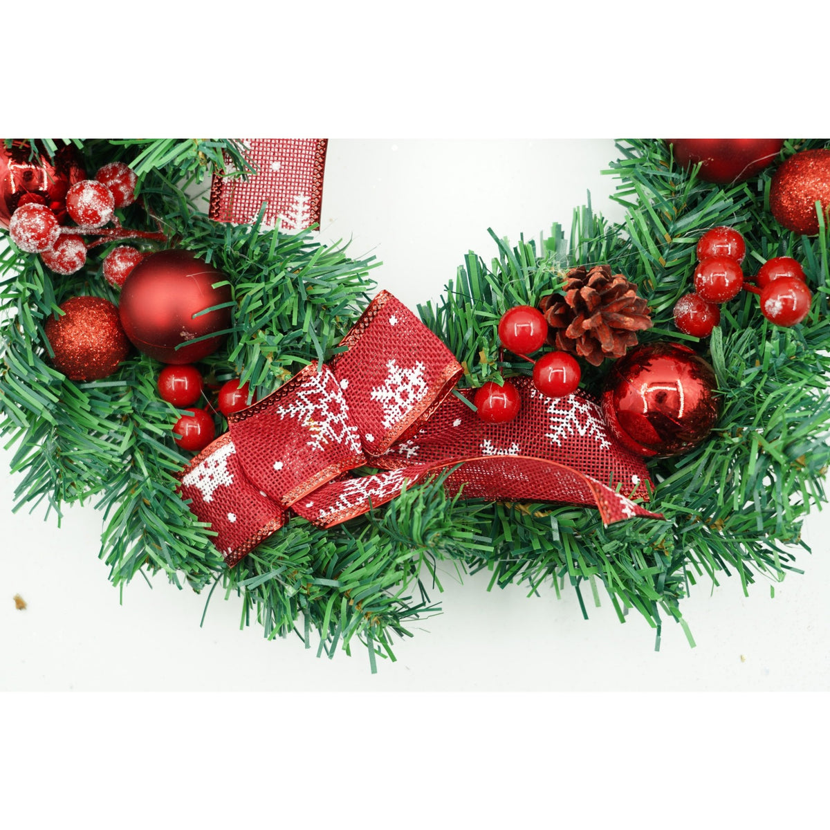 Coronita de Craciun pentru Usa, Brad Artificial Decorat cu Globuri si Fundite, PVC, Interior si Exterior, 35 cm, Rosu si Verde