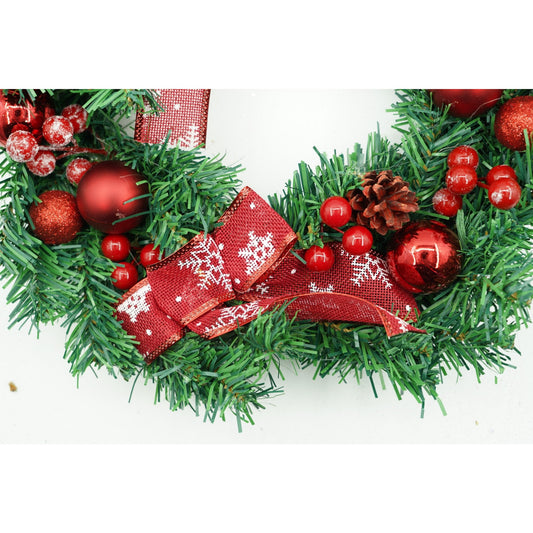 Coronita de Craciun pentru Usa, Brad Artificial Decorat cu Globuri si Fundite, PVC, Interior si Exterior, 35 cm, Rosu si Verde