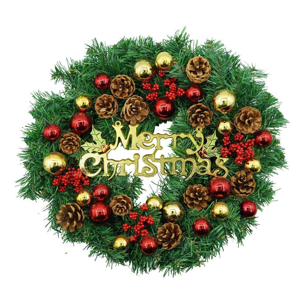 Coroniță de Crăciun pentru Ușă, Decorată cu Globuri și Funde, Brad Artificial din PVC, Rezistentă Interior și Exterior, 40 cm, Roșu-Auriu-Verde