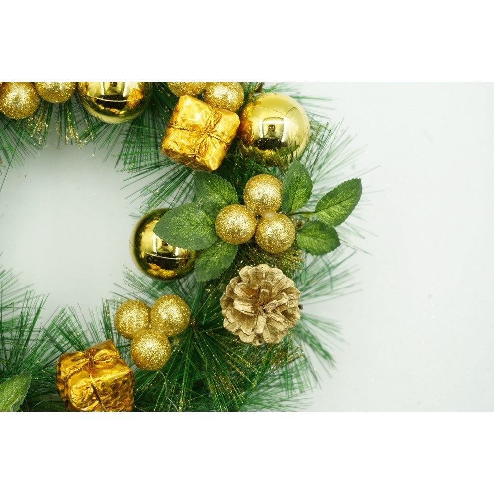 Coronita de Craciun pentru Usa, Model Artificial Decorat, PVC, Verde si Auriu, 35 cm