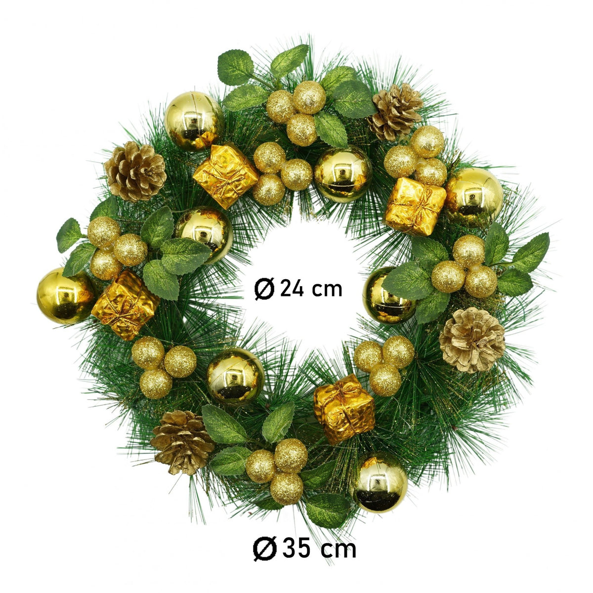 Coronita de Craciun pentru Usa, Model Artificial Decorat, PVC, Verde si Auriu, 35 cm