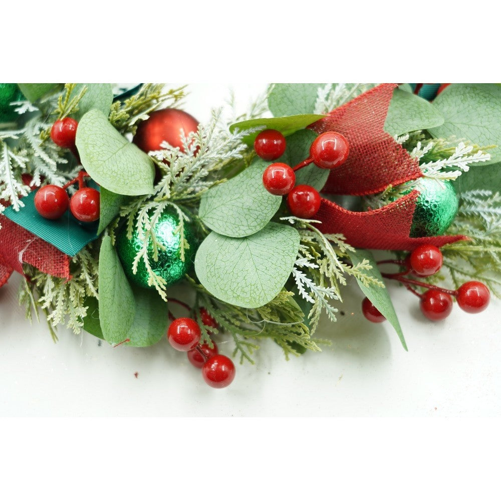 Coroniță de Crăciun pentru Ușă, Brad Artificial Decorat, Rezistentă la Intemperii, Interior și Exterior, PVC, Verde și Roșu, 40 cm